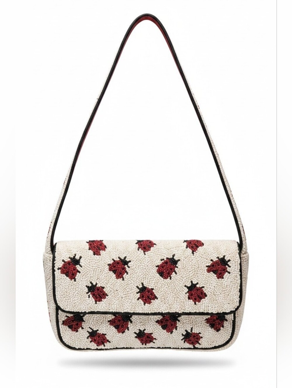 Beaded Cream Shoulder Bag with Ladybug Motif